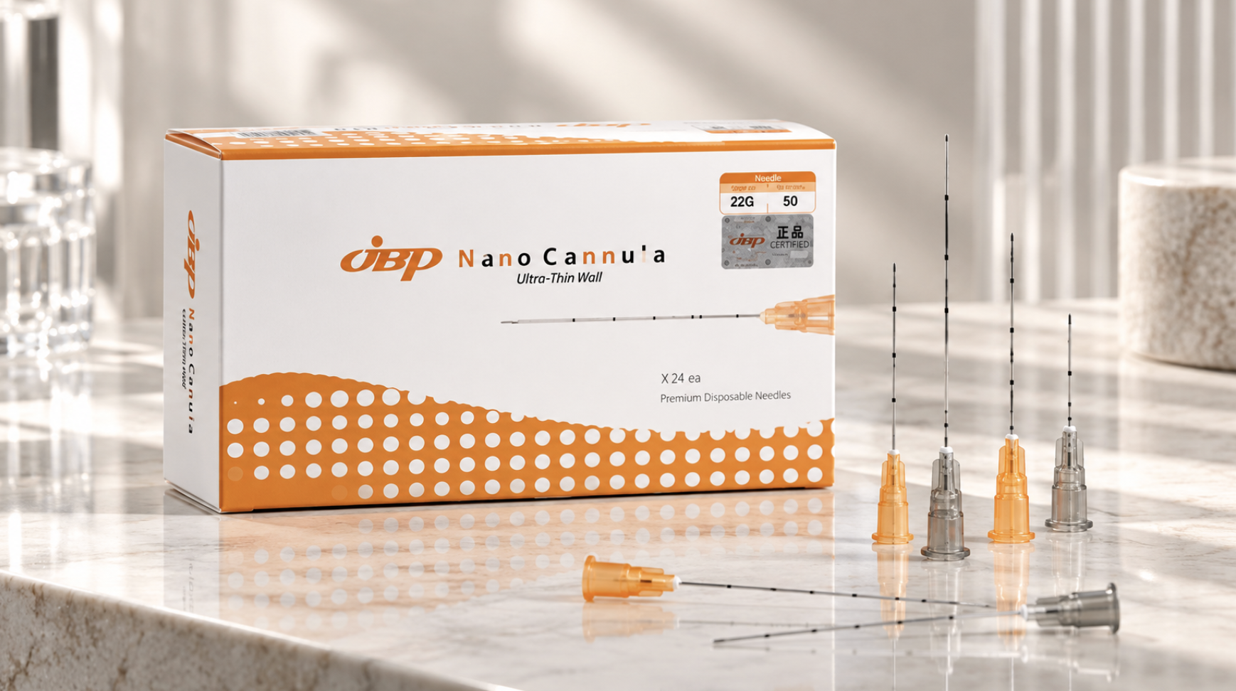 Caja JBP Nano Cannula 22G con cánulas reales